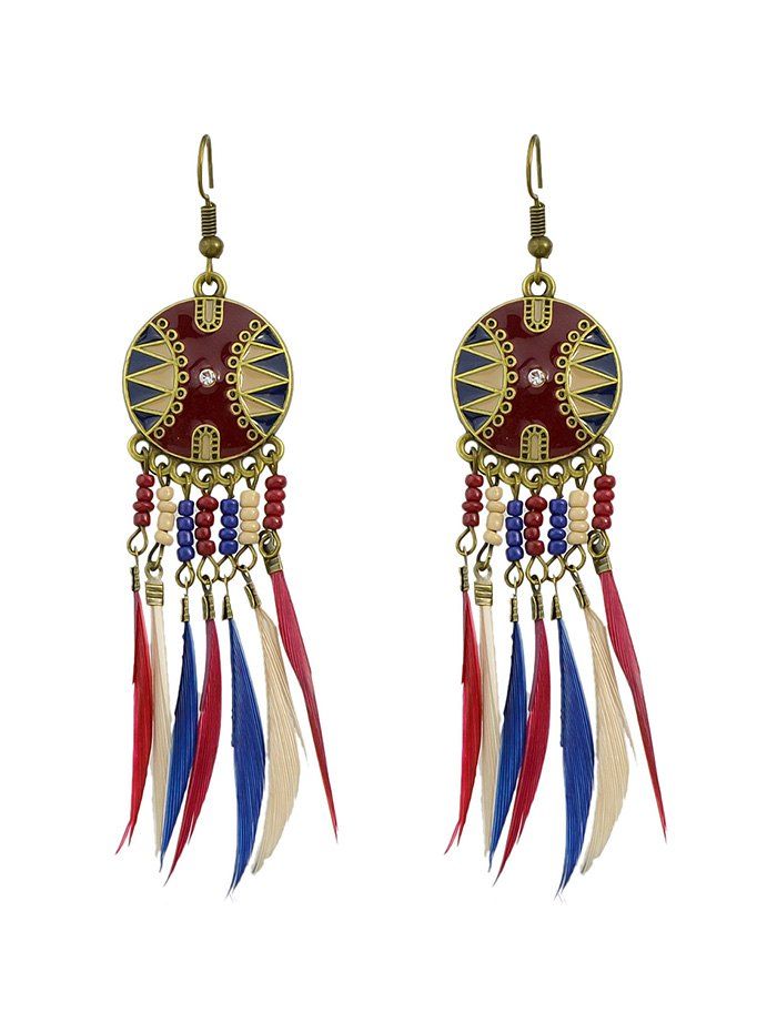 

Exotic Feather Beaded Drop Earrings, Red wine