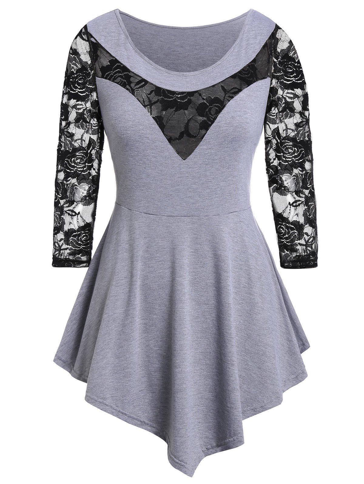 

Plus Size Floral Lace Panel Asymmetrical T-shirt, Cloudy gray