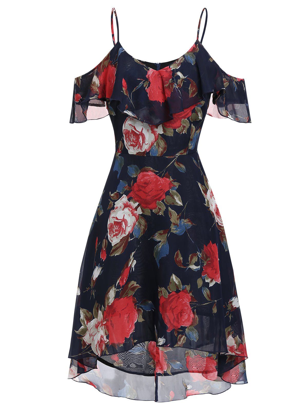 

Chiffon Flower Open Shoulder Flounce Dress, Blue