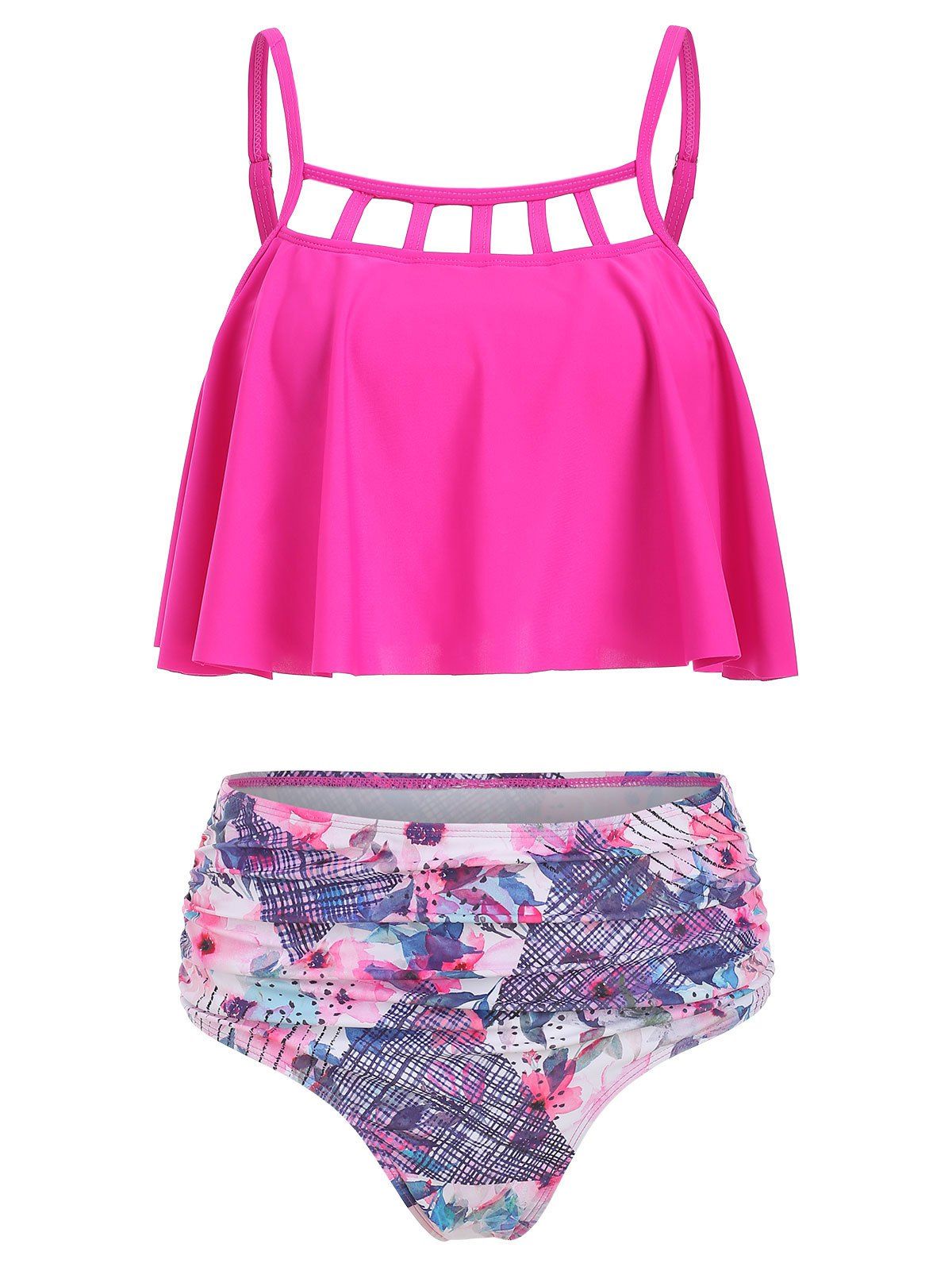 

Floral Print Ruched Overlay Tankini Set, Pink