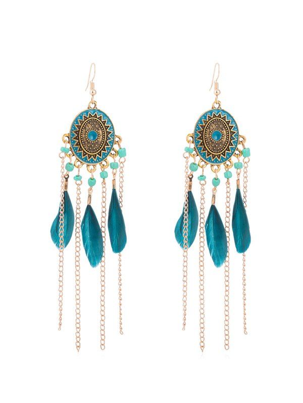 

Geometric Bohemian Feather Fringe Earrings, Greenish blue