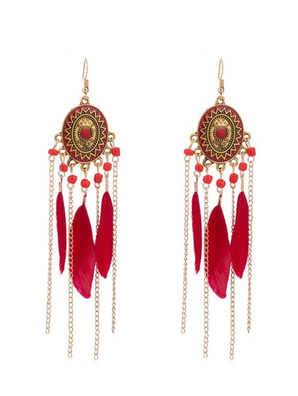

Geometric Bohemian Feather Fringe Earrings, Red wine