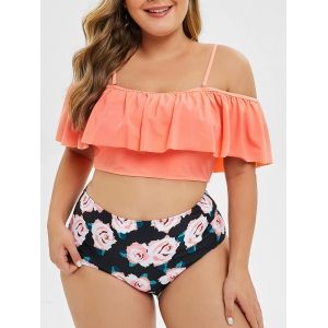

Plus Size Ruffle High Waisted Floral Two Piece Swimwear, Light salmon