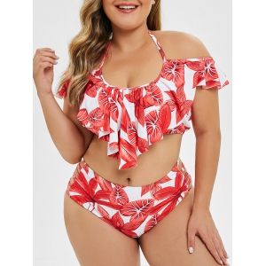 

Plus Size Ruffle Leaf Print Lattice Bikini Set, Chestnut red