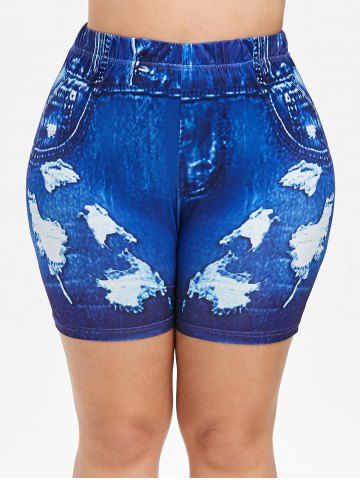 

Plus Size 3D Jean Print Short Leggings, Lapis blue