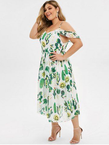 

Cami Cactus Print Cold Shoulder Plus Size Dress, White