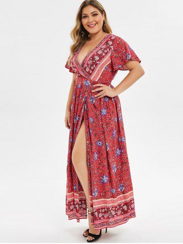 

Plus Size High Slit Floral Maxi Surplice Dress, Multi