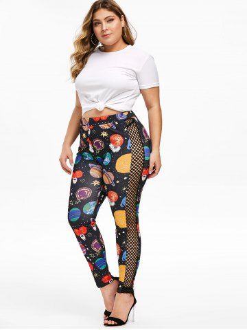 

Plus Size Side Fishnet Planet Print Leggings, Black