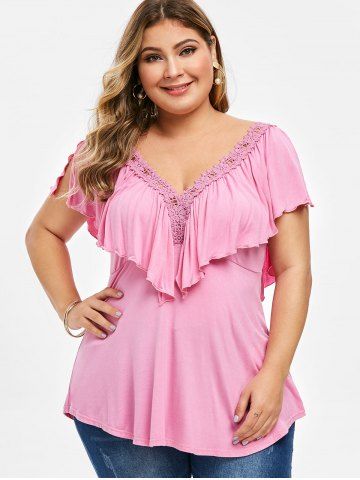 

Plus Size Ruffle Lace Panel T-shirt, Blush pink