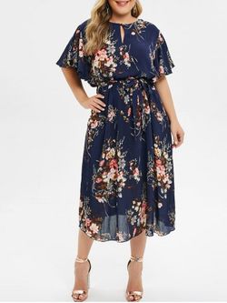 Plus Size Floral Midi Dress - CADETBLUE - 1X