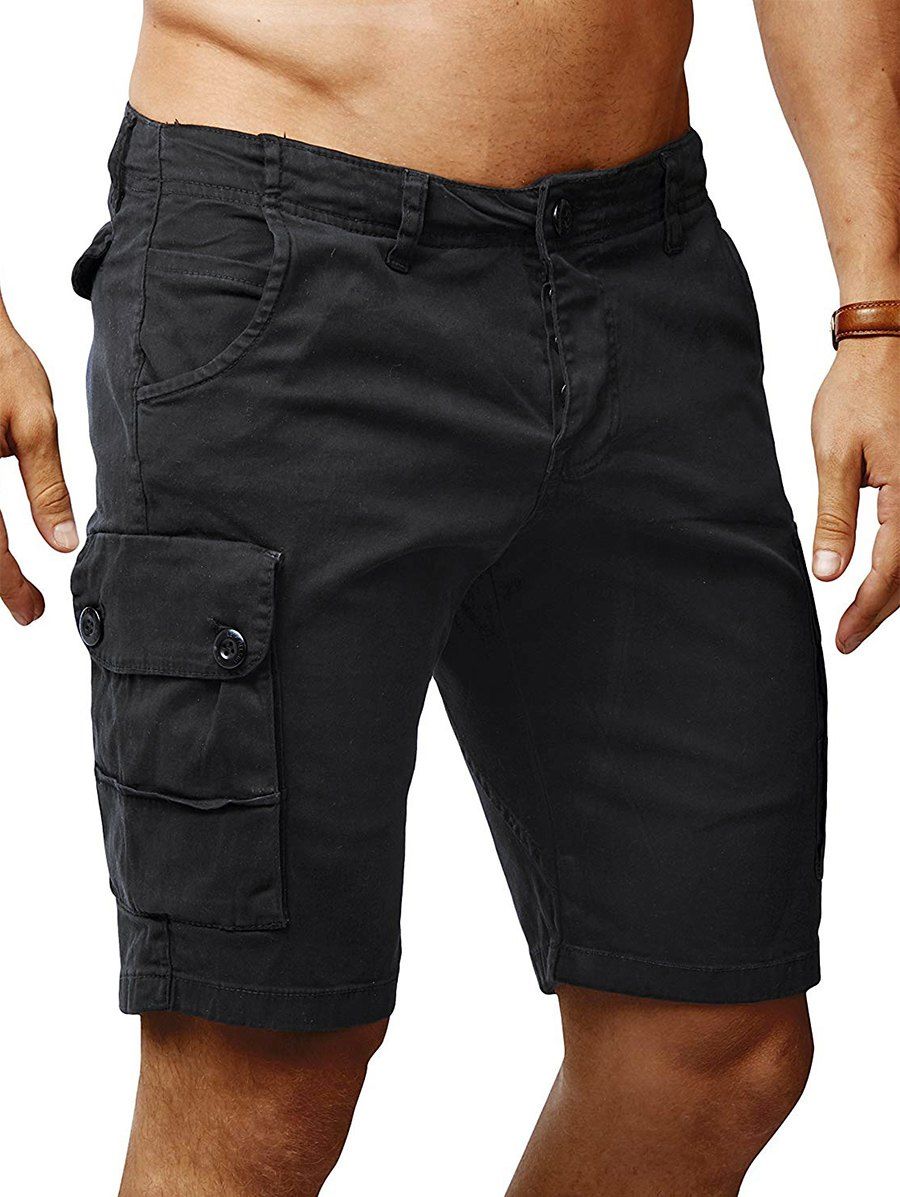 

Solid Color Flat Front Cargo Shorts, Black