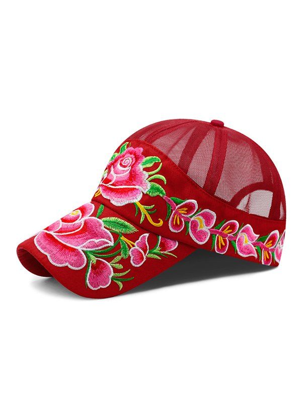 

Big Flower Embroidery Mesh Baseball Cap, Red