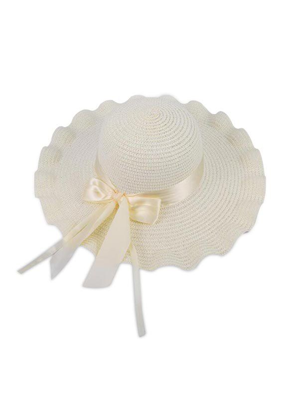 

Wavy Edge Bow Straw Hat, White