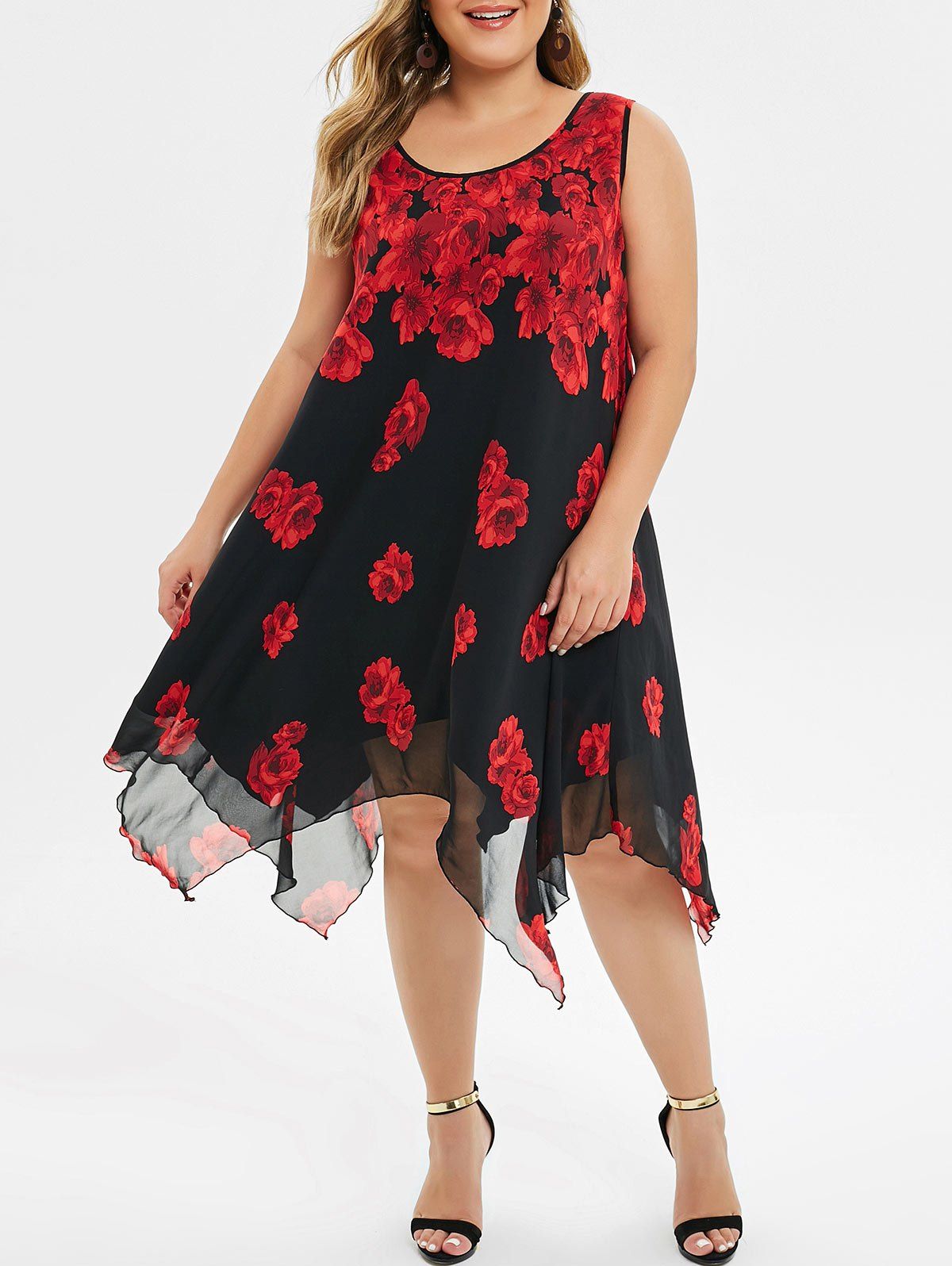 [65% OFF] Plus Size Floral Overlay Chiffon Dress | Rosegal