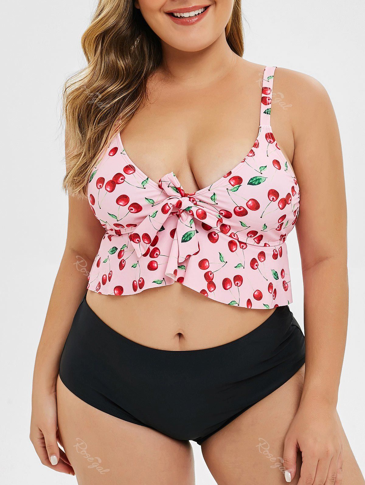 

Plus Size Tied Cherry Print Flounce Bikini Set, Multi-a