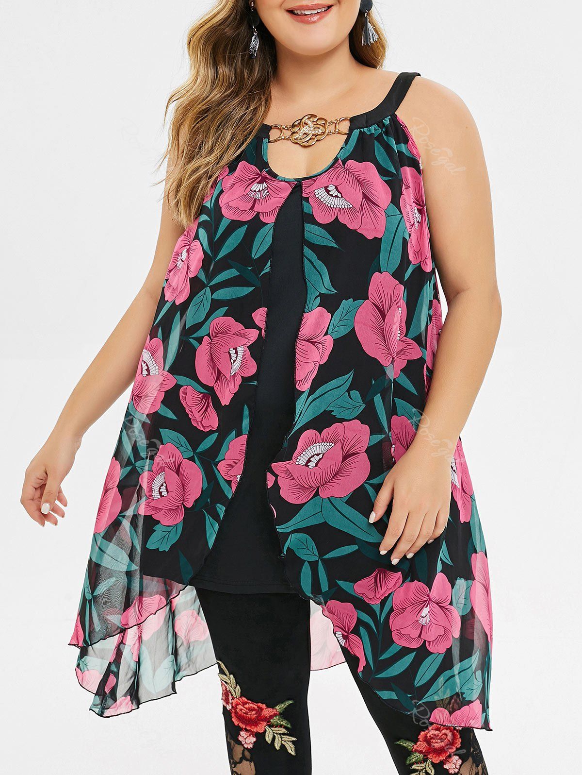 

Plus Size Keyhole Floral Overlay Tank Top, Black