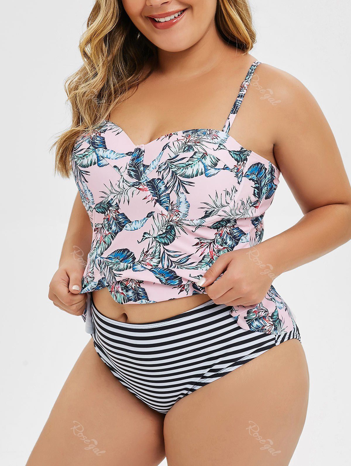 

Plus Size Flounce Palm Print Tankini Set, Multi-a