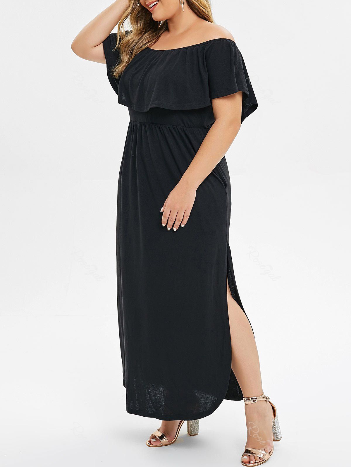 

Overlay Off Shoulder Slit Plus Size Dress, Black