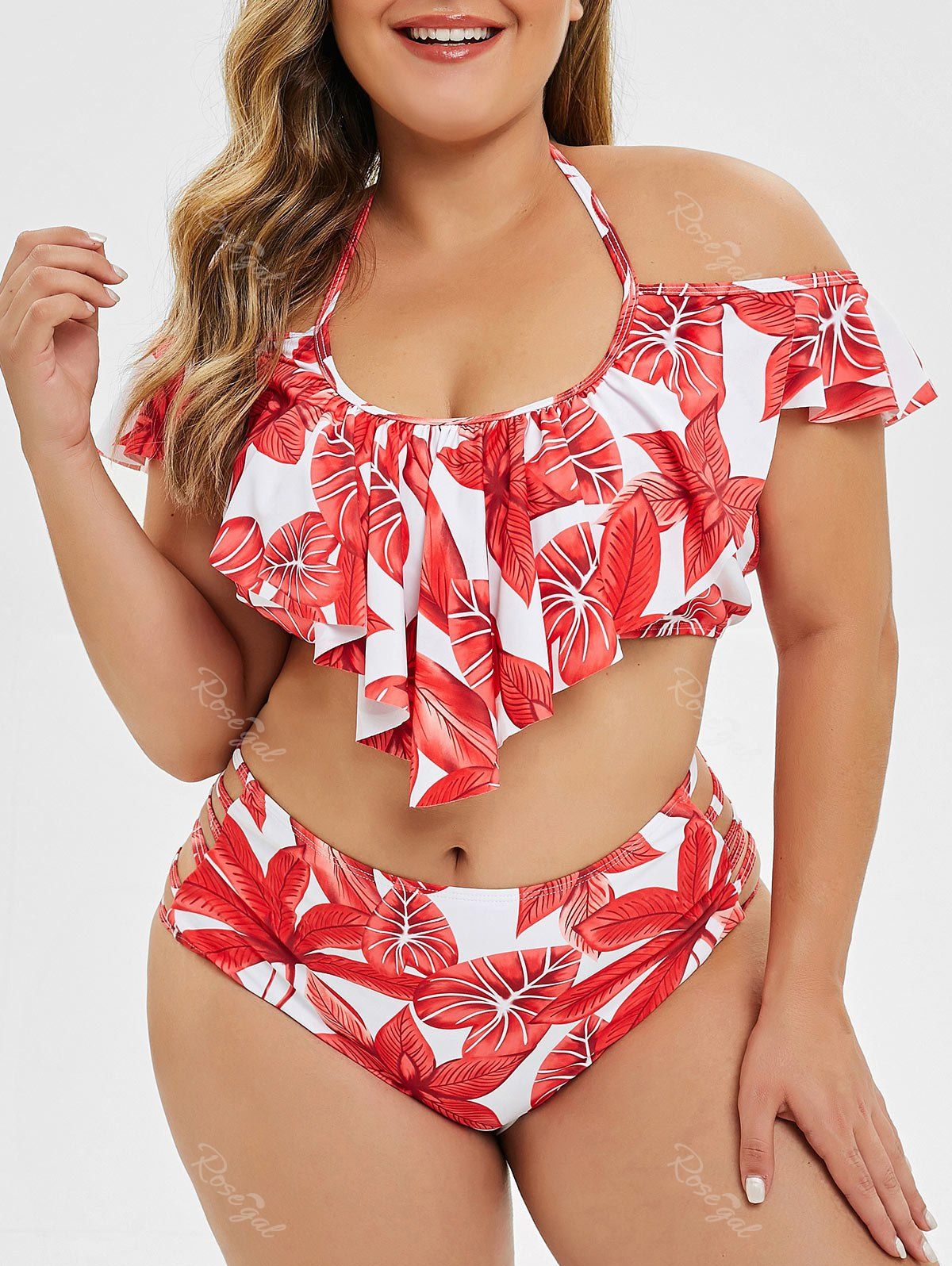 [46 Off] Plus Size Ruffle Leaf Print Lattice Bikini Set Rosegal