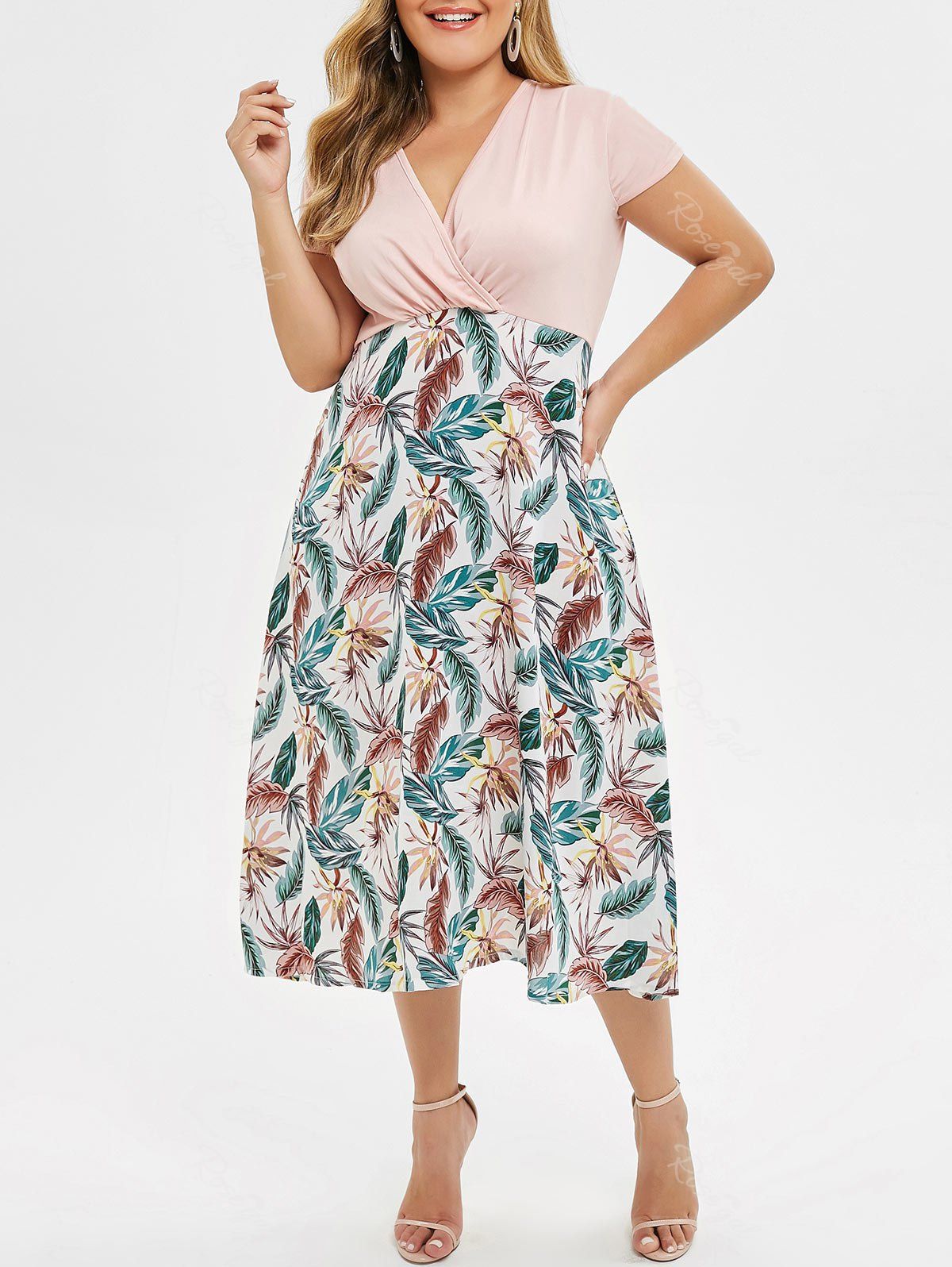 

Plus Size Leaves Print Surplice Midi Dress, Deep peach