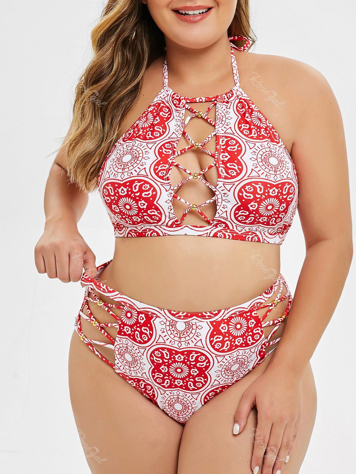 

Halter Printed Lattice Plus Size Bikini Set, Ruby red