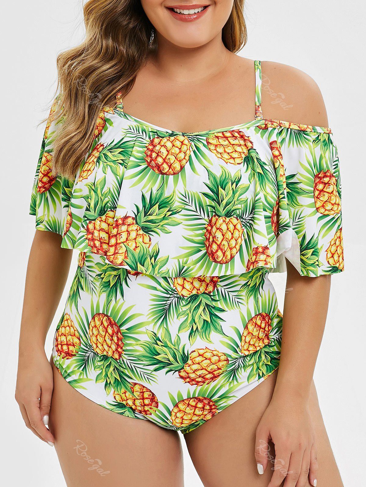 OFF Plus Size Ruffle Pineapple Print Swimsuit Rosegal