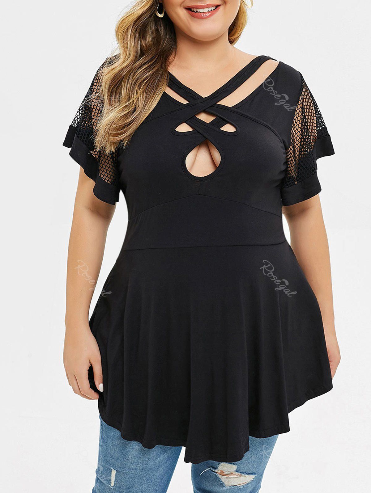 

Plus Size Hollow Out Solid T Shirt, Black