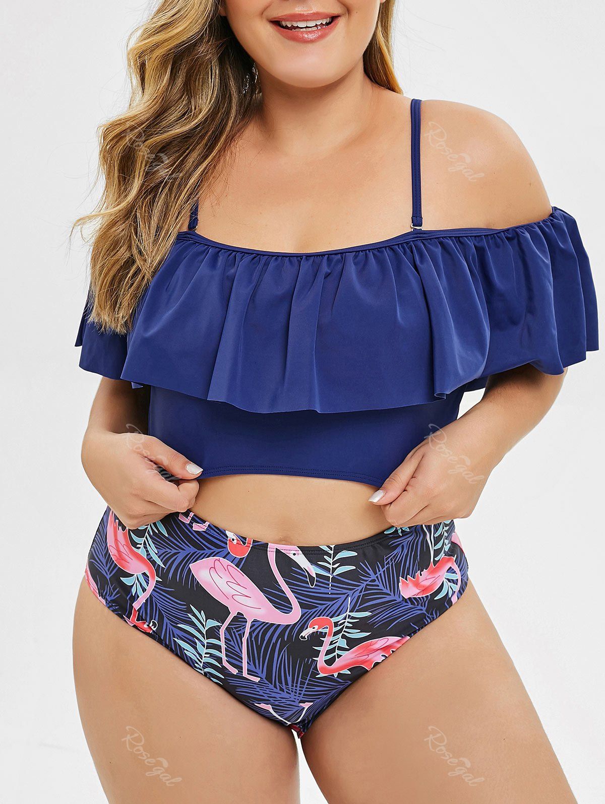 

Plus Size Ruffled Flamingo Print Two Piece Swimwear, Multi