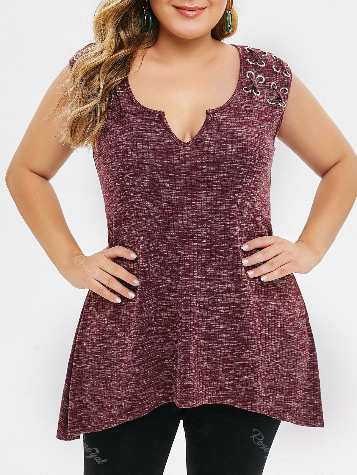 

High Low Criss Cross Space Dyed Plus Size Tank Top, Red wine