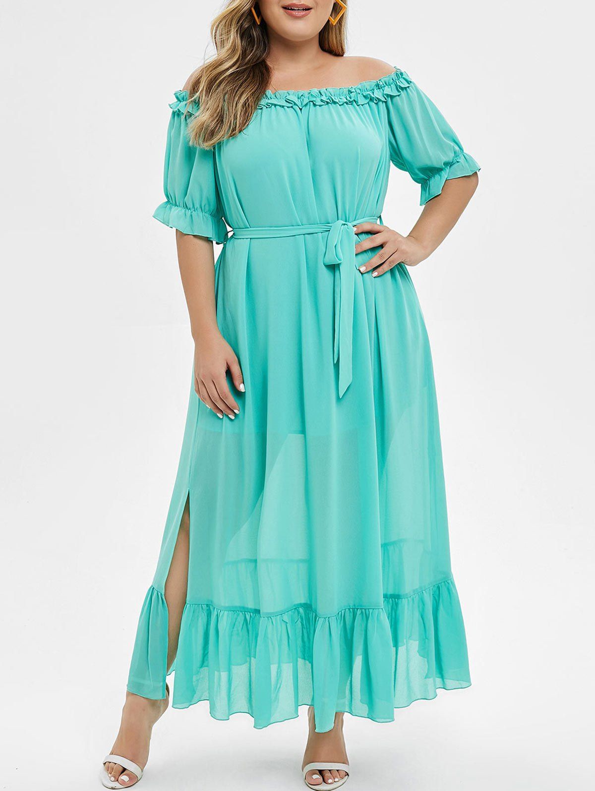 

Plus Size Off The Shoulder Dress With Belt, Light slate