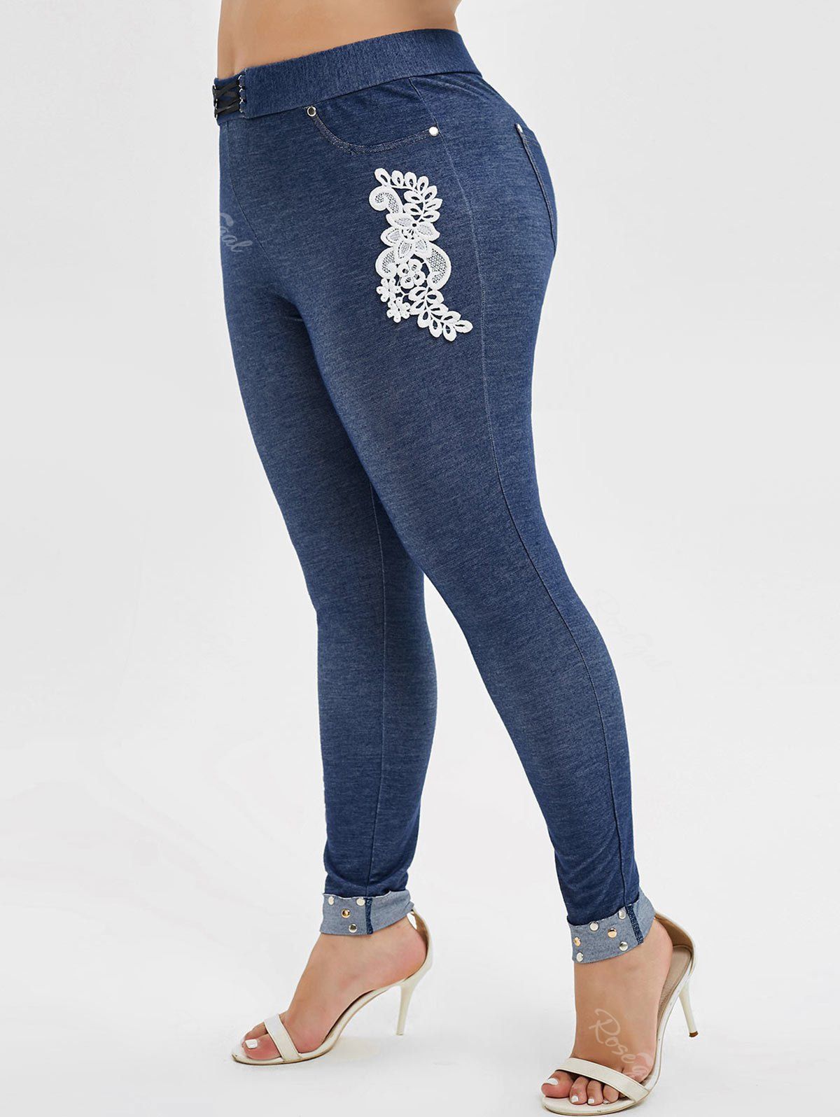 

Plus Size Elastic Waisted Embroidered Applique Pants with Rivets, Slate blue