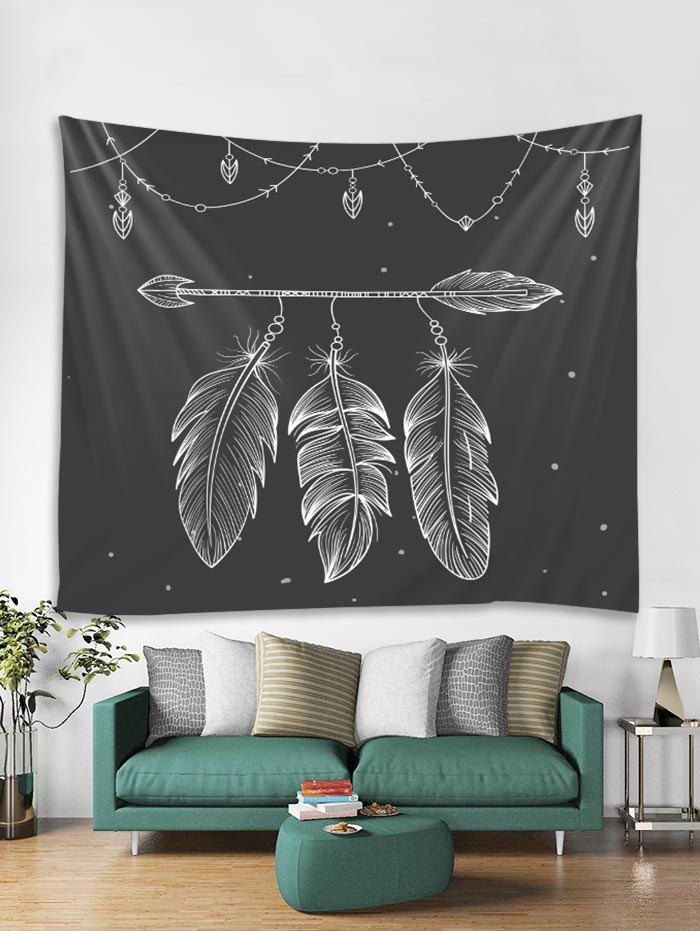 

Bohemian Feather Print Art Decoration Wall Tapestry, Jet black