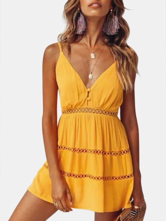 

Spaghetti Strap Button Mini Dress, Rubber ducky yellow