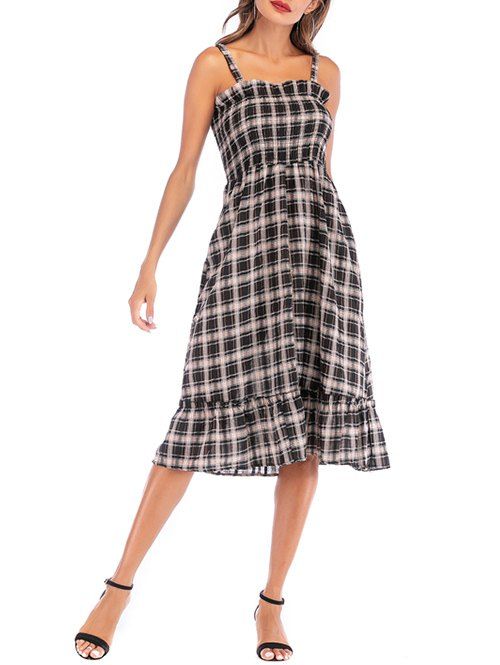 

Shirred A Line Plaid Casual Dress, Multi