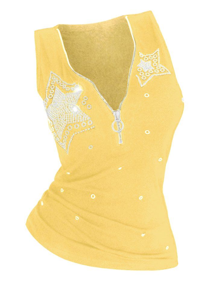 

Star Rhinestone Embellished Plus Size Half Zip Tank Top, Yellow
