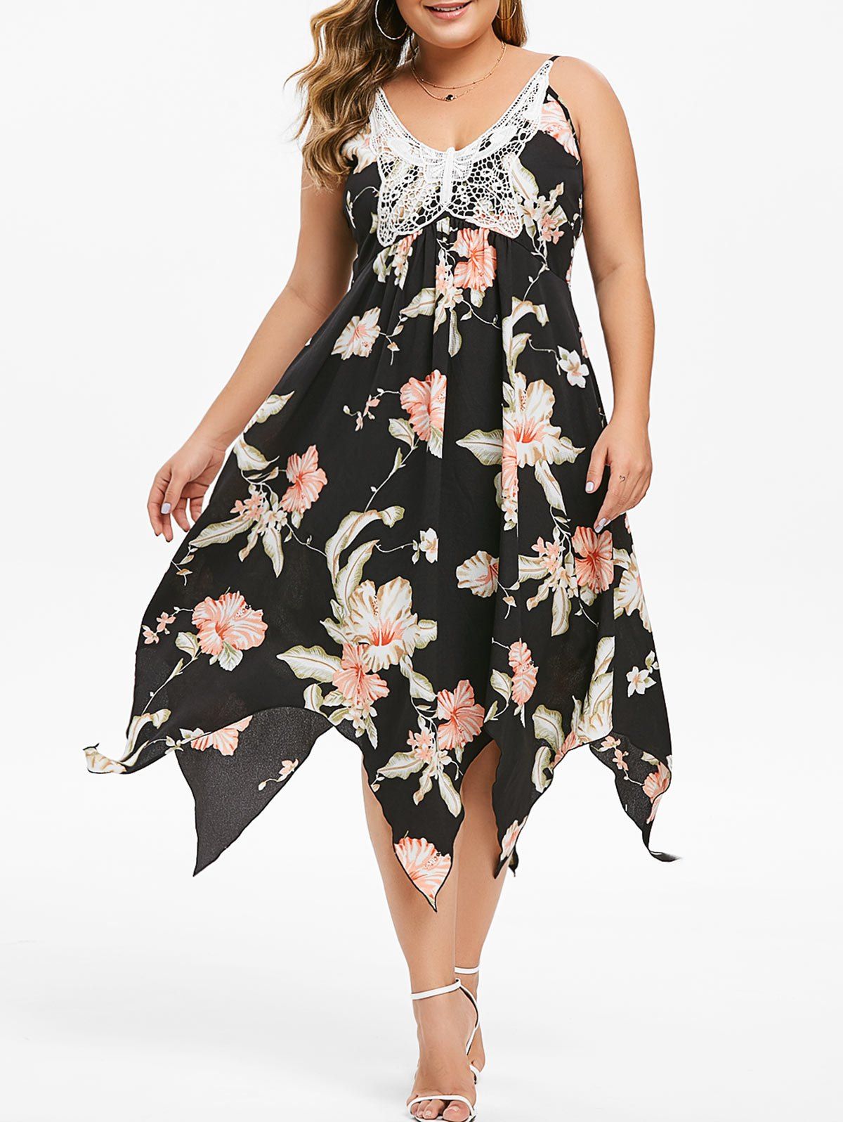 [48% OFF] Plus Size Butterfly Lace Handkerchief Floral Dress | Rosegal