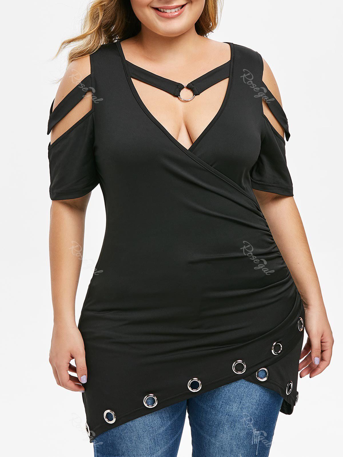 

Plus Size O Rings Cut Out Ruched T-shirt, Black