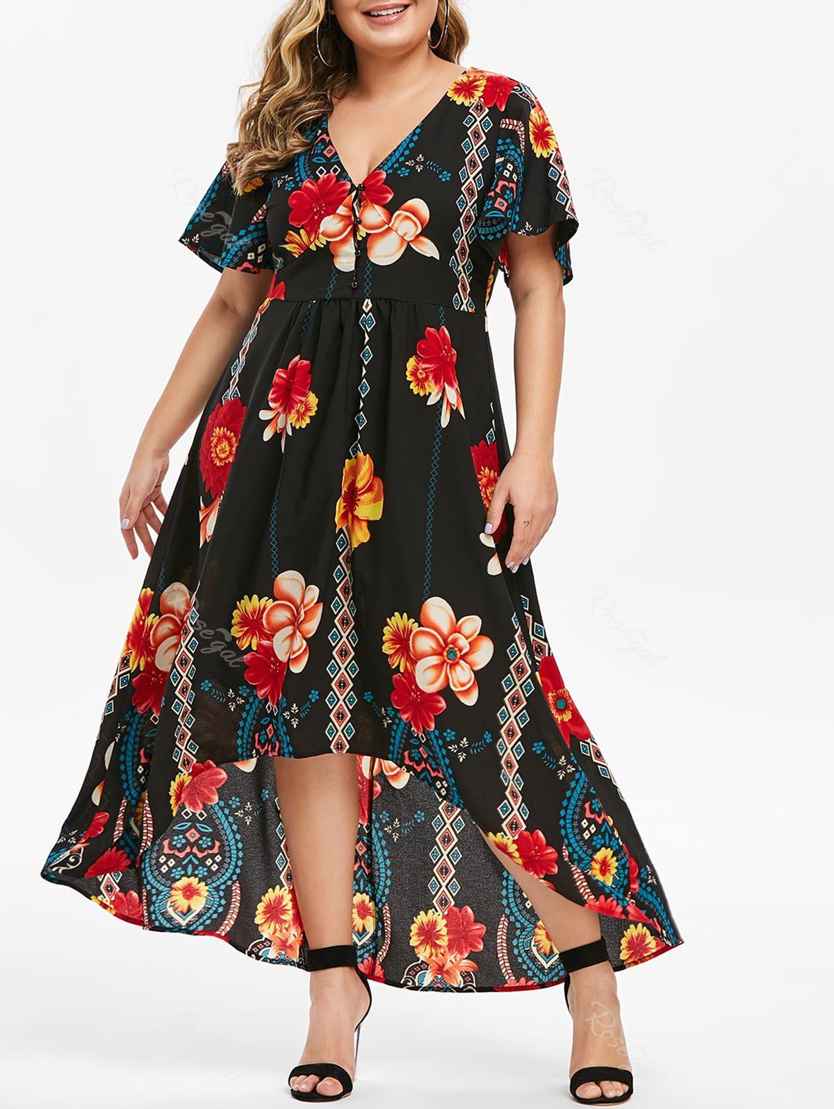 [57% OFF] Plus Size Plunge High Low Floral Maxi Dress | Rosegal