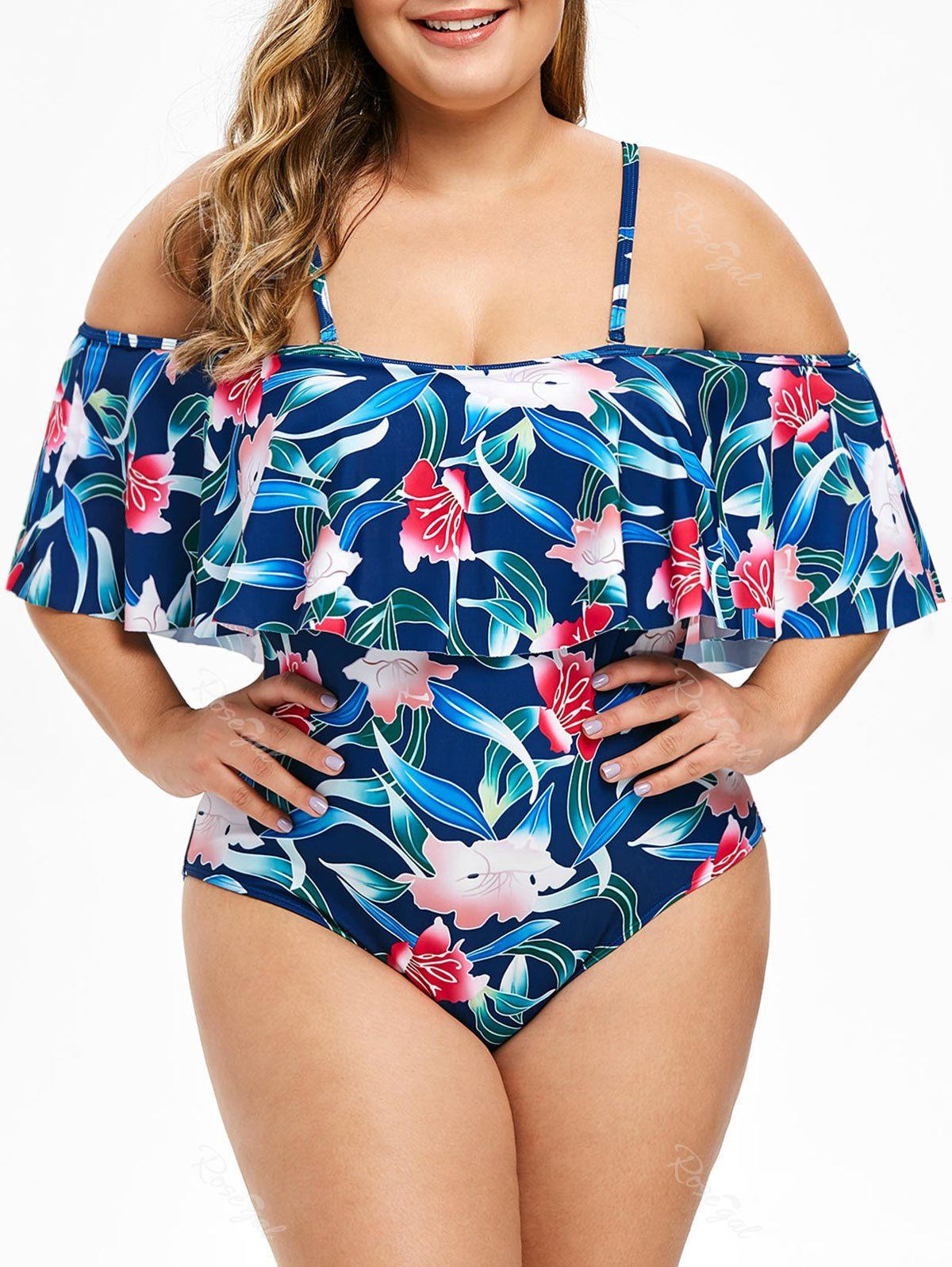 

Leaves Print Cold Shoulder Flounces Plus Size Swimsuit, Cadetblue