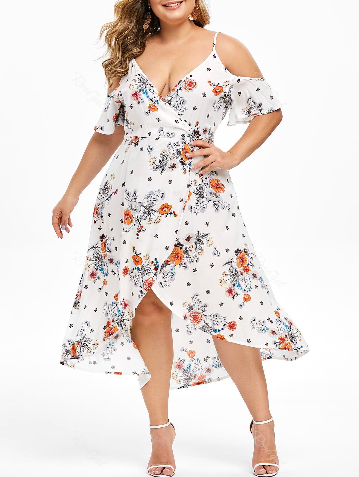 Robe Haute Basse Fleurie à Epaule Dénudée De Grande Taille En WHITE