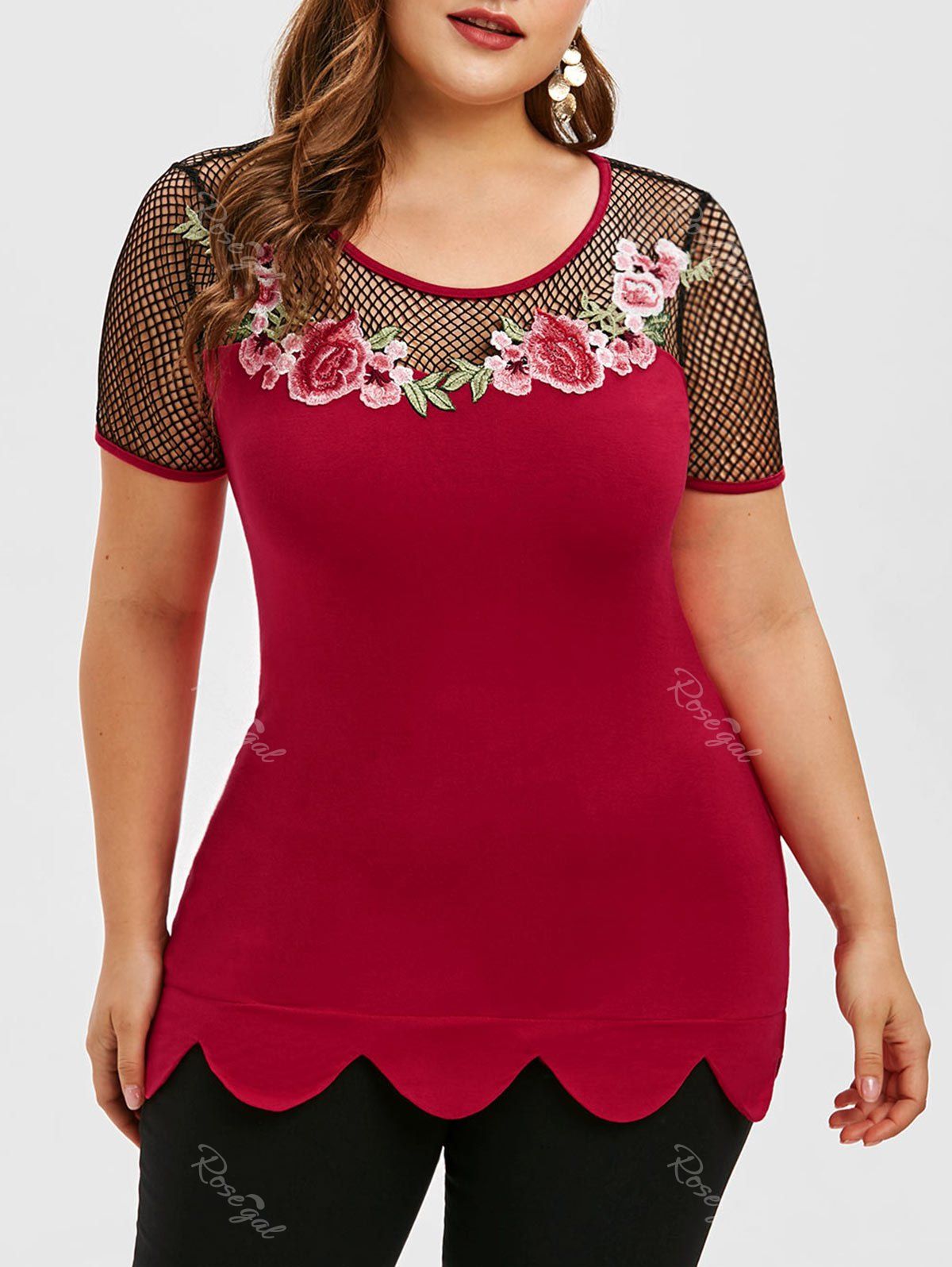 

Plus Size Fishnet Insert Scalloped Embroidered T-shirt, Cherry red