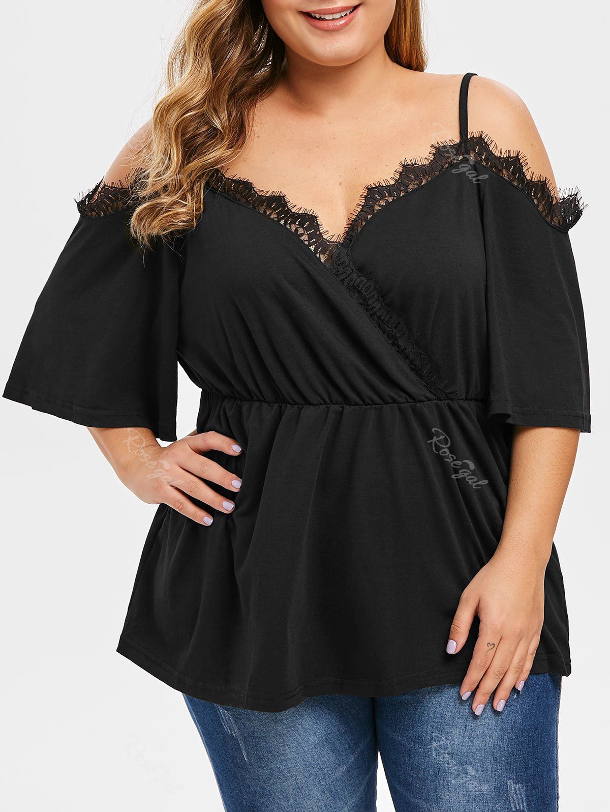 

Plus Size Lace Trim Open Shoulder Top, Black