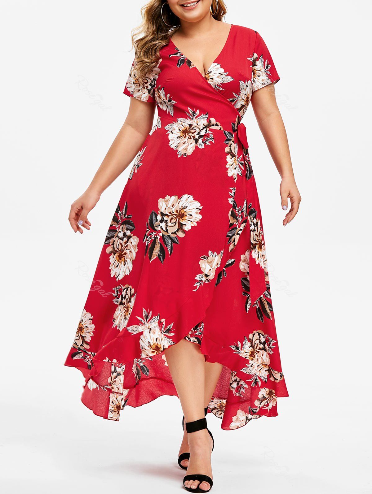 

Plus Size Surplice High Low Printed Dress, Red