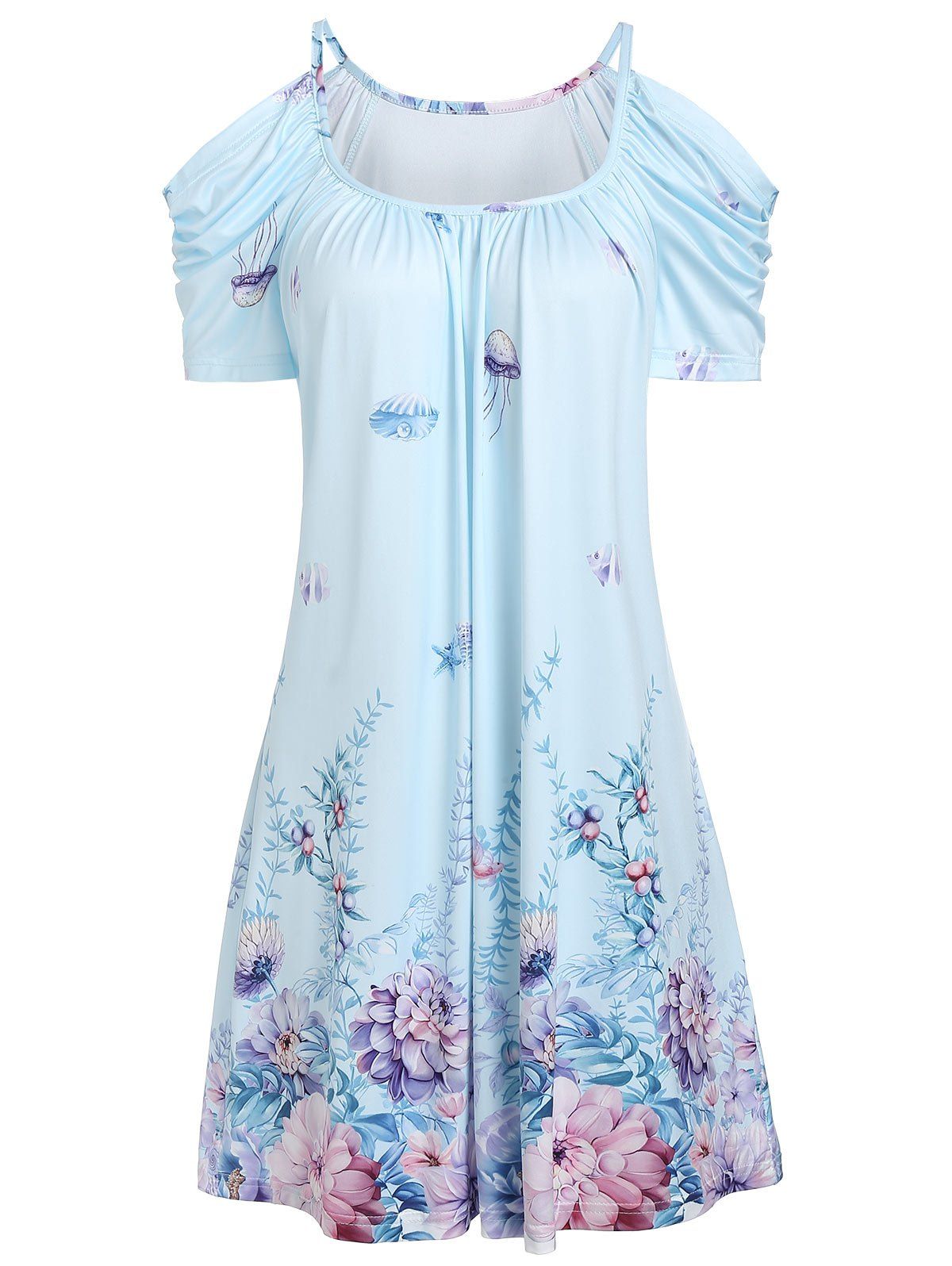 

Open Shoulder Flower Ruched Casual Dress, Light blue