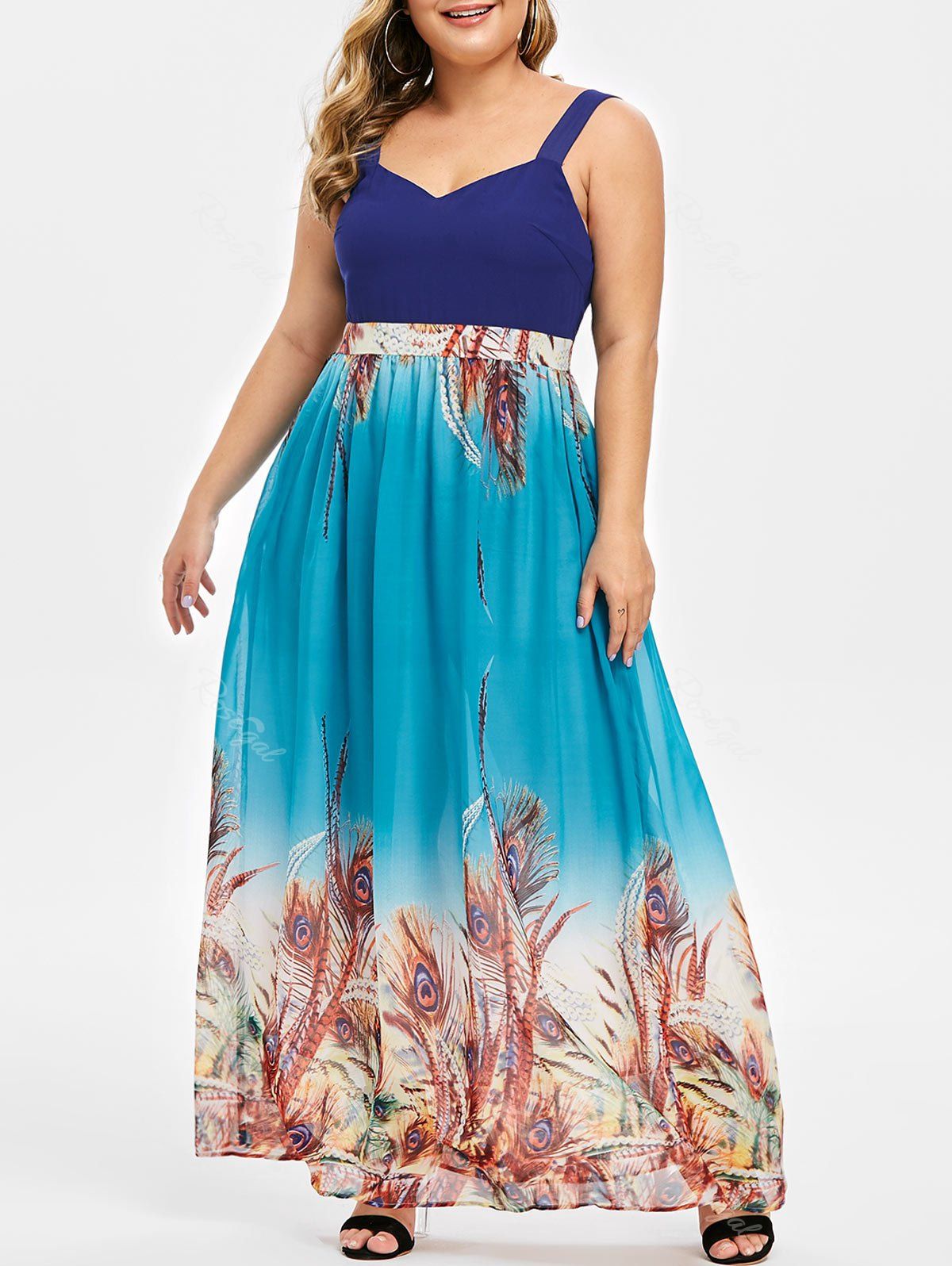 

Plus Size Sweetheart Neck Feather Print Maxi Dress, Multi