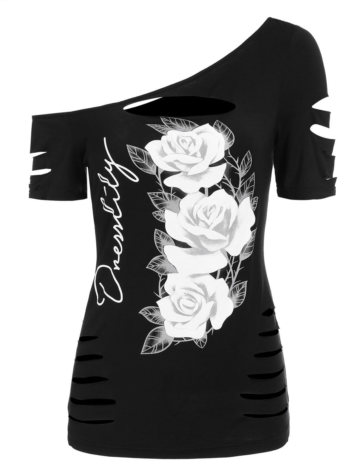 

Floral Print Skew Neck T Shirt, Black