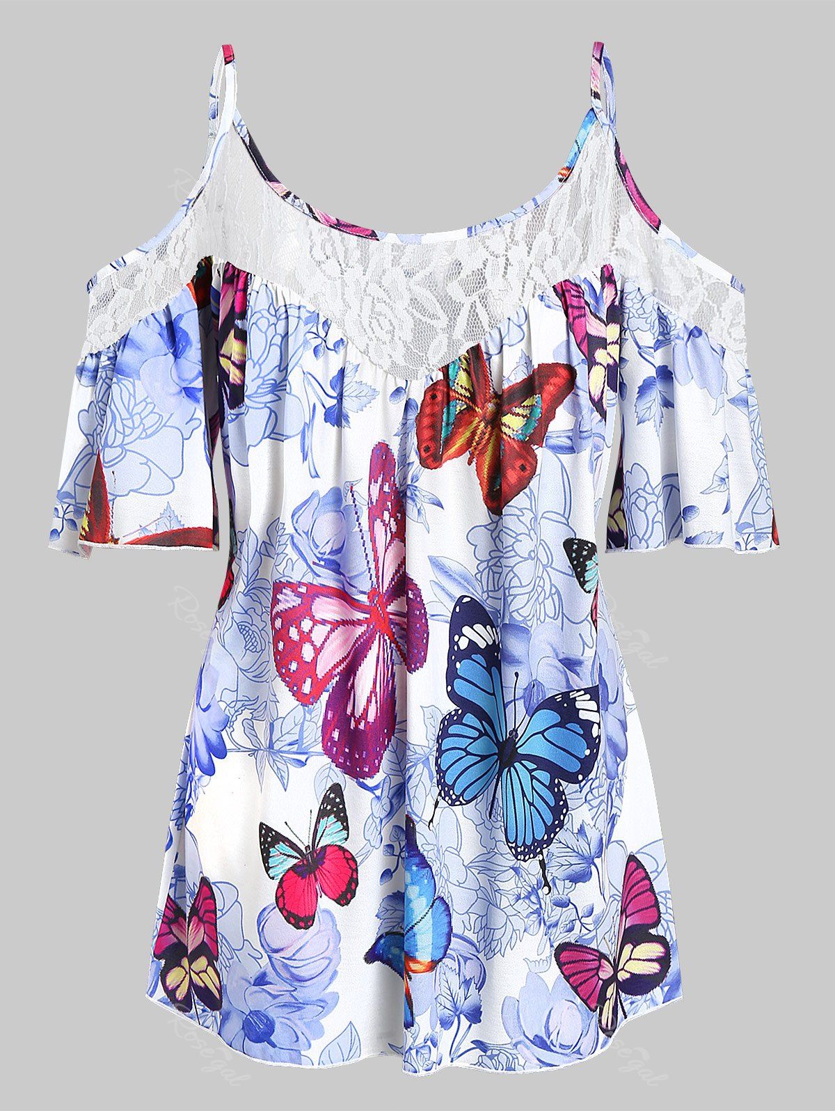 

Plus Size Butterfly Print Cold Shoulder Blouse, White