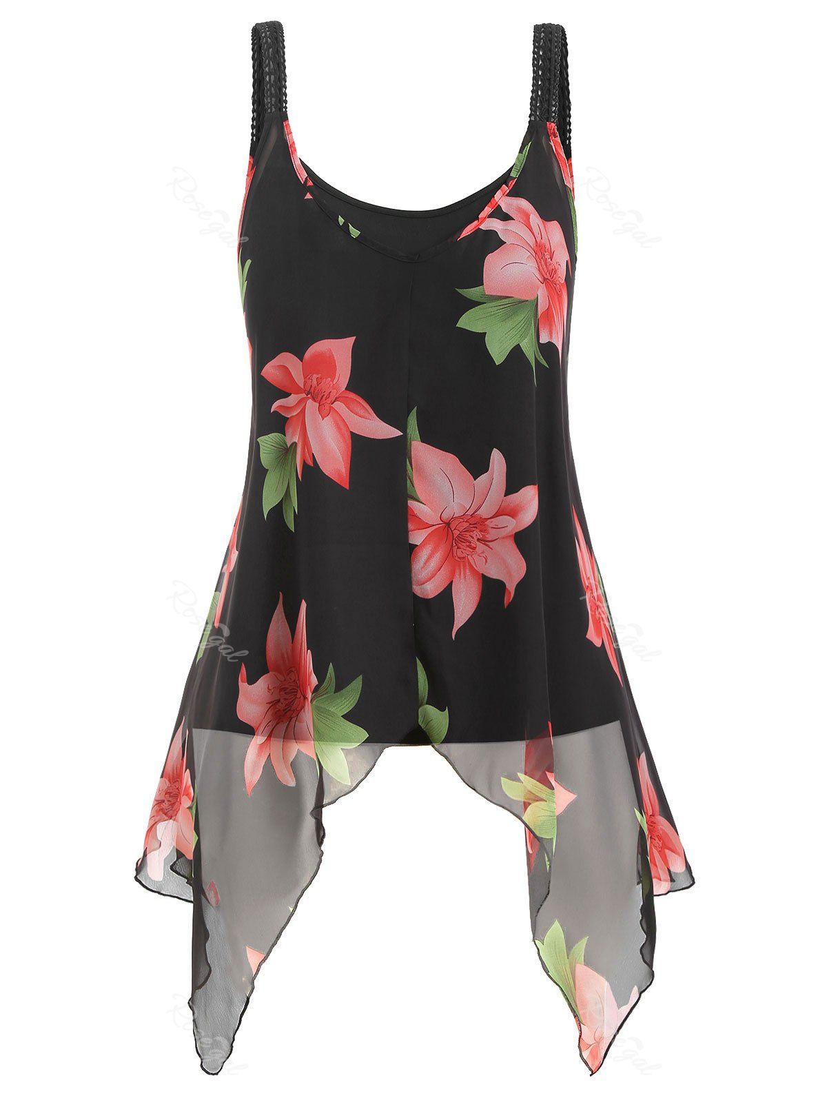 

Plus Size Camisole and Floral Handkerchief Tank Top, Black