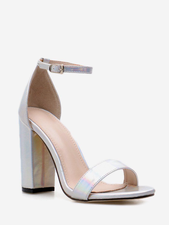 

Chunky Heel Iridescent PU Leather Sandals, Silver
