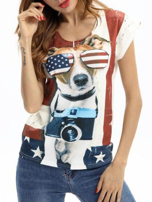 

Cap Sleeves Dog American Flag Print Tee, White